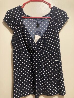 Chaps Navy and White Polka Dot V-Neck Cap-Sleeve Top